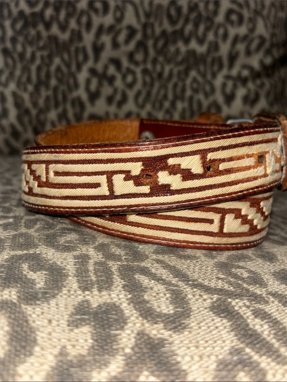 Western embroidered charro cowboy belt cream brown leather Aztec geometric 34